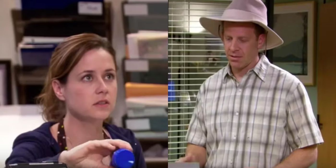 Uma imagem dividida de Toby oferecendo protetor solar a Pam no The Office