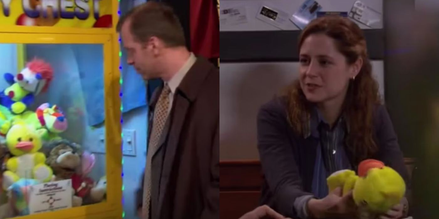 Uma imagem dividida de Toby ganhando um pato para Pam no The Office