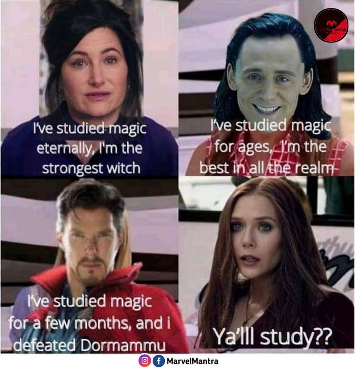 A split image of Wanda, Loki, Agatha, and Doctor Strange talking about their magic in a meme