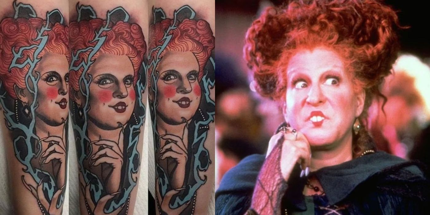A split image of a tattoo  by @Emily_Rose_Murray  and Winifred Sanderson on Hocus Pocus