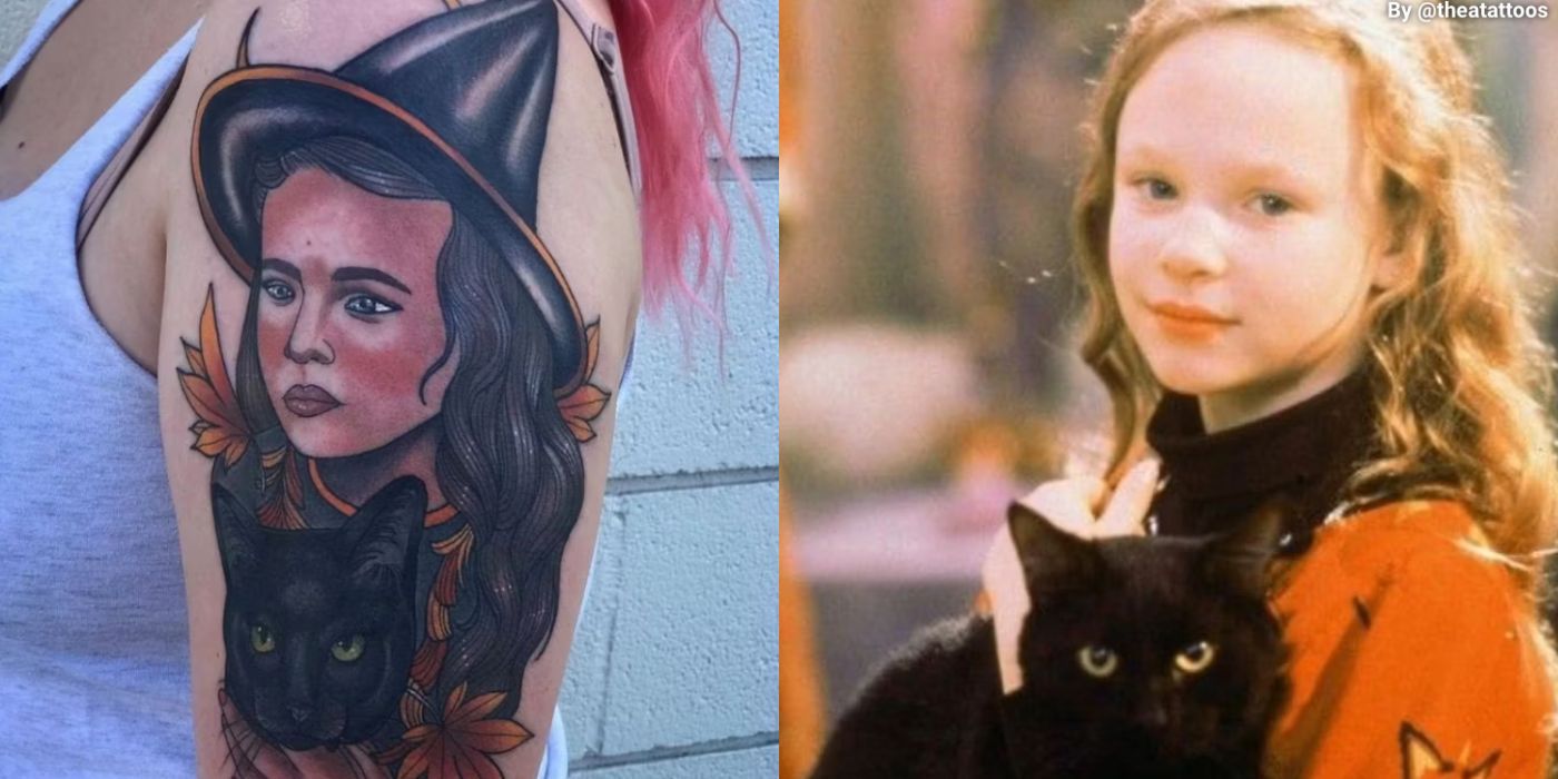 A split image of a tattoo by @Theatattoos and Dani on Hocus Pocus