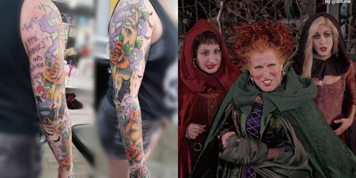 A split image of a tattoo by @ibh.ink  of Billy Butcherson from Hocus Pocus