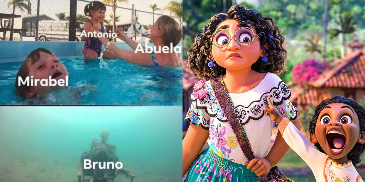 A split image of an Encanto meme and Mirabel with her neighbor 