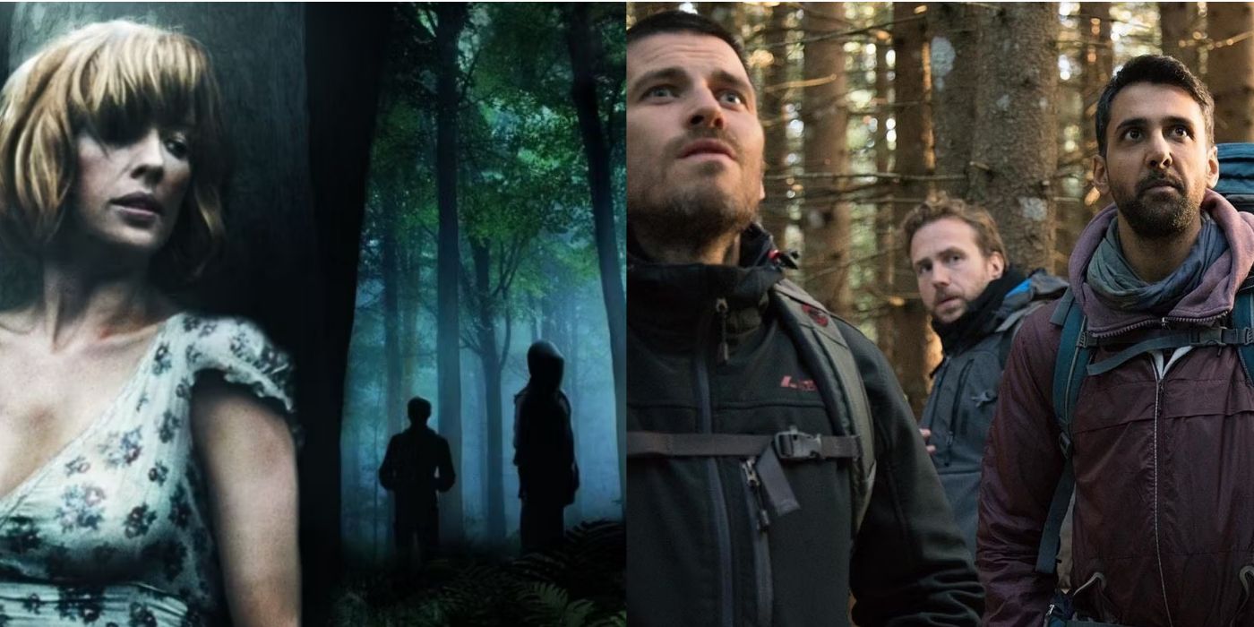A split screen of scenes from Eden Lake and The Ritual