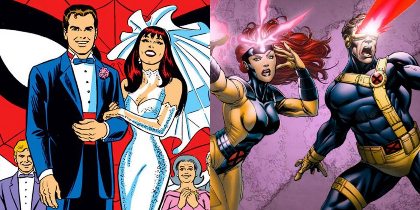A split screen image of Spider-Man, Mary Jane, Jean Grey, and Cyclops