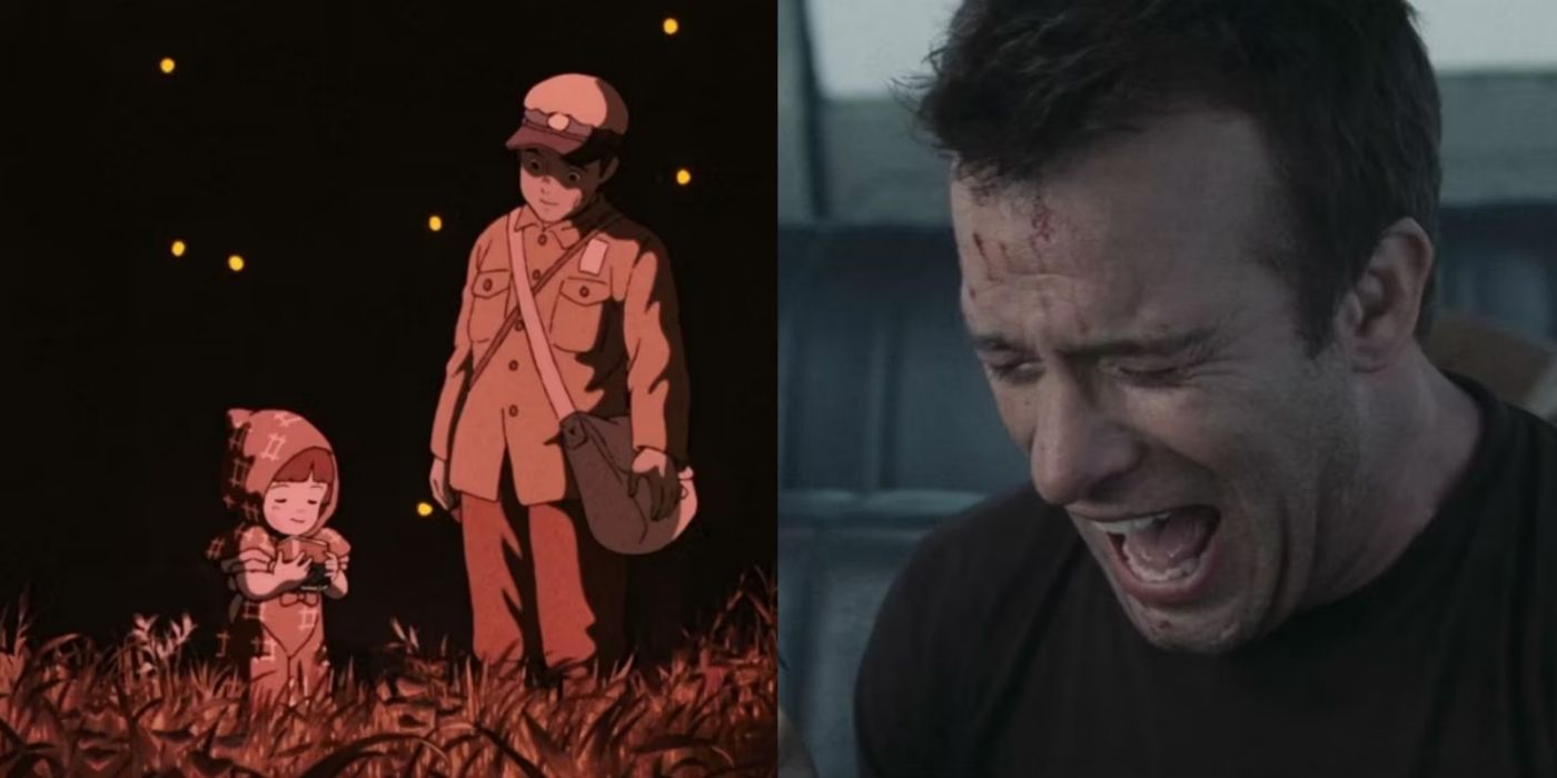 A split screen of Grave of the Fireflies and The Mist