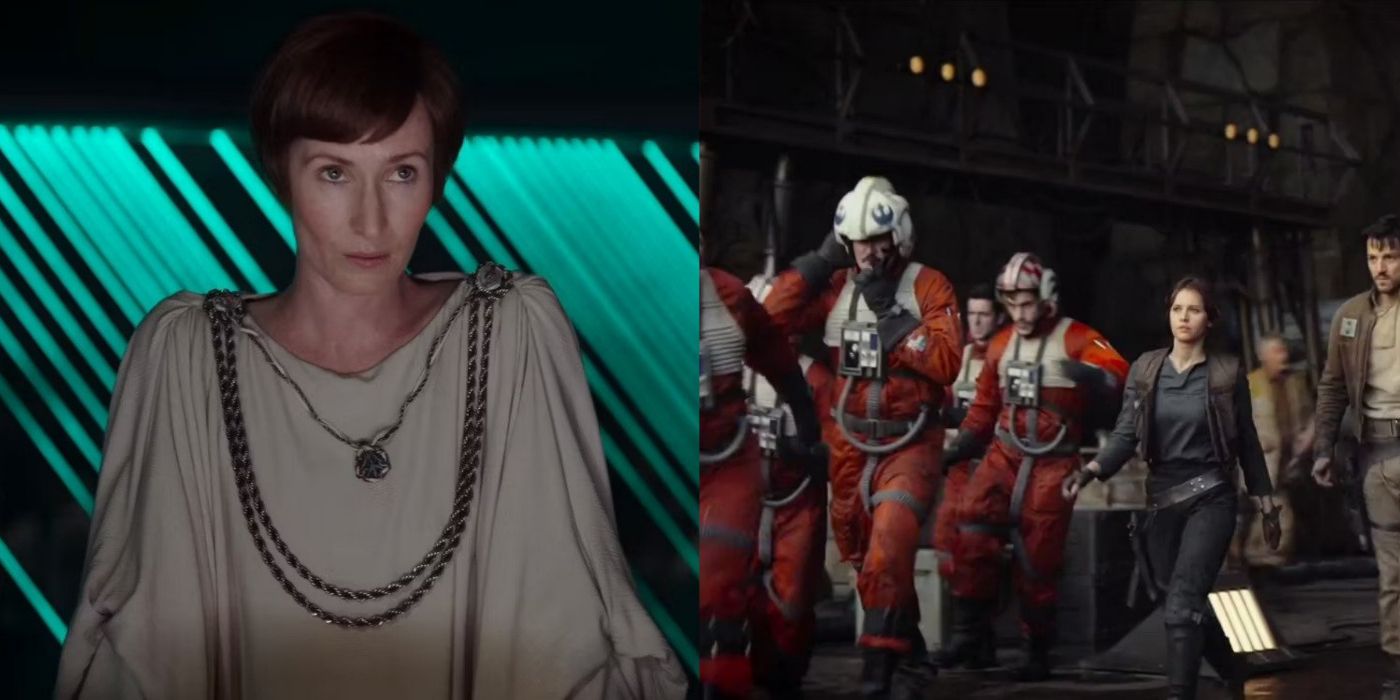 A split screen of Mon Mothma and the Rebels
