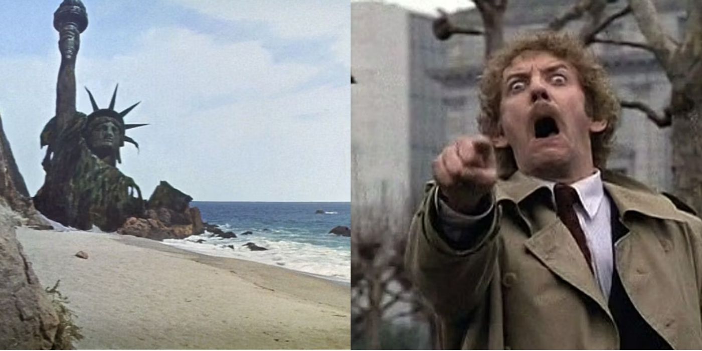 A split screen of scenes from Planet of the Apes and Invasion of the Body Snatchers