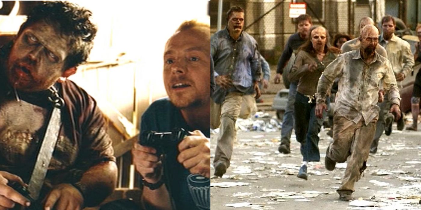 A split screen of Shaun of the Dead and Dawn of the Dead