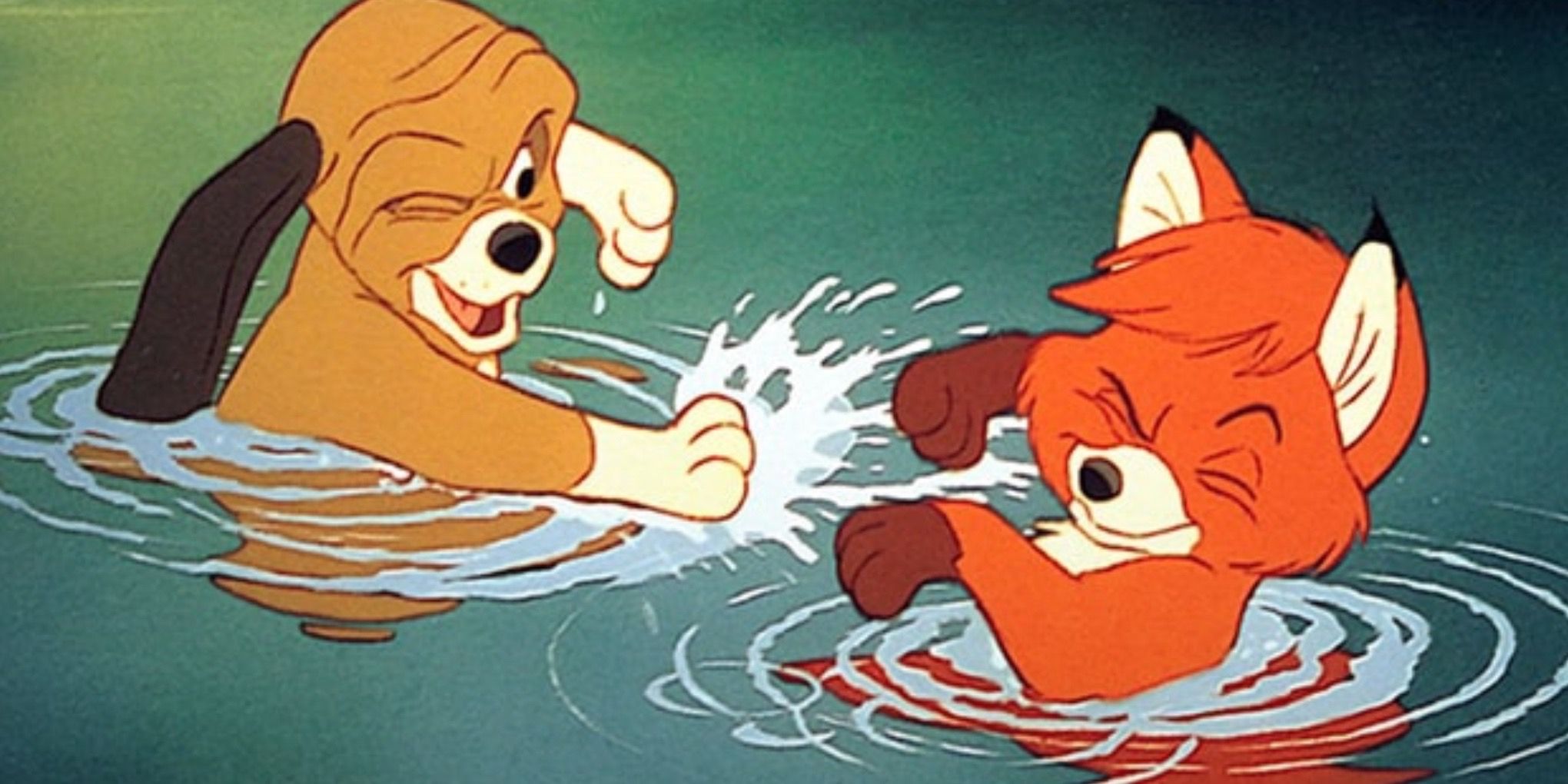 Copper and Tod splash each other from Disney’s The Fox and The Hound (1981)