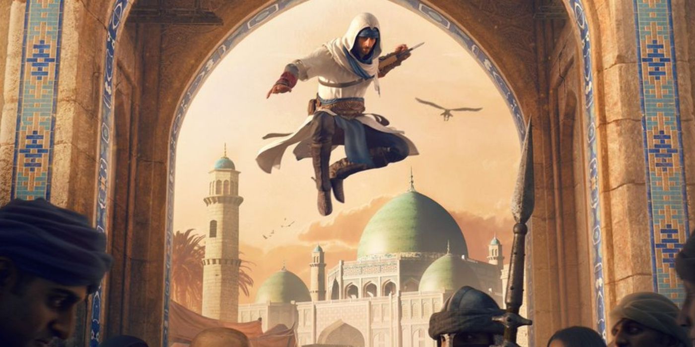 Basim leaping over citizens and guard with his hidden blade drawn.