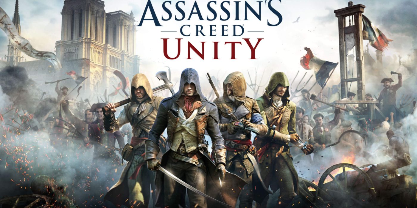 Assassin's Creed Unity promo art featuring several assassins in the French Revolution.