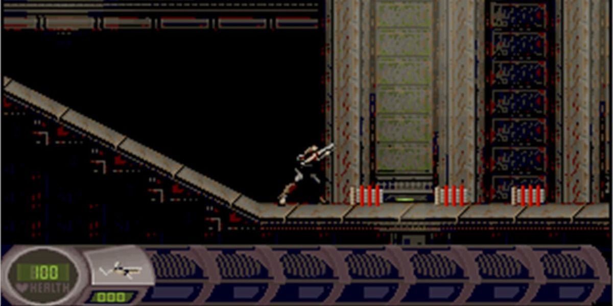 The player character runs across platforms in the game Abuse