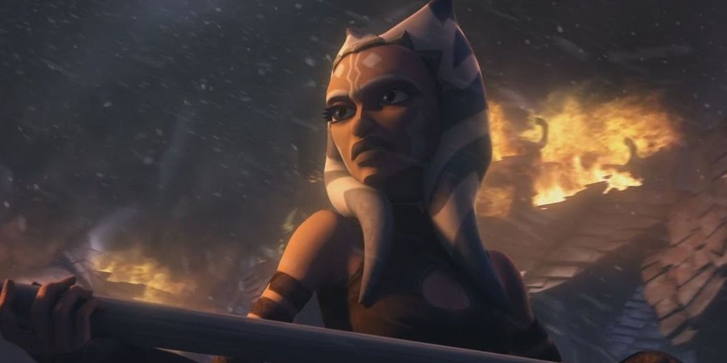 Ahsoka confronting the Death Watch in The Clone Wars