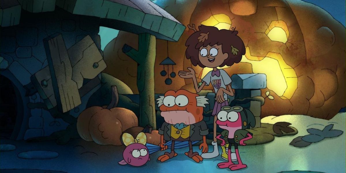 Characters in Amphibia in front of a giant pumpkin