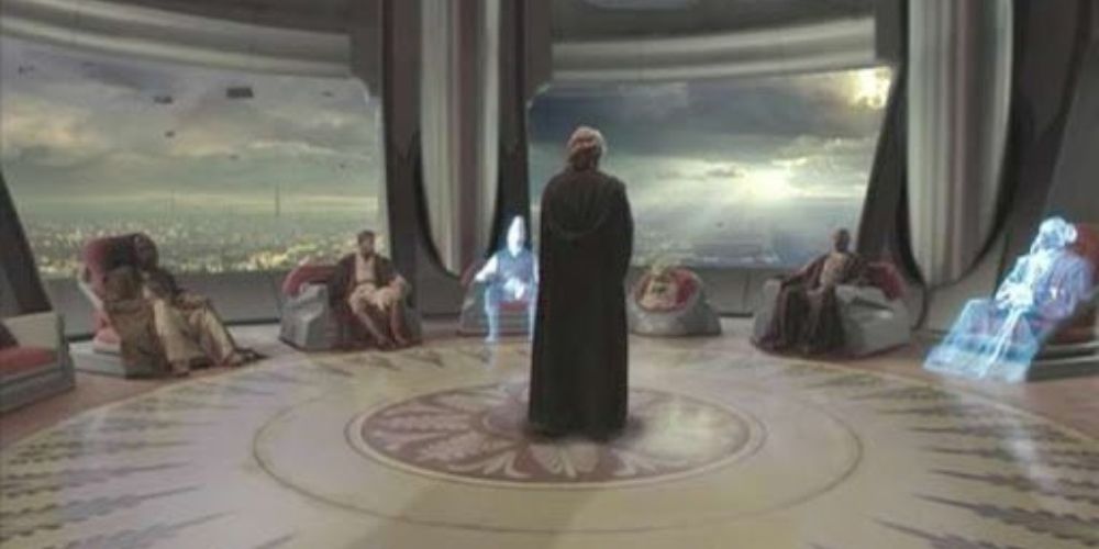 An image of Anakin Skywalker talking to the council in Star Wars