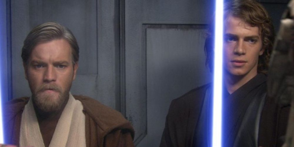 Uma imagem de Anakin e Obi-Wan Kenobi juntos em um elevador