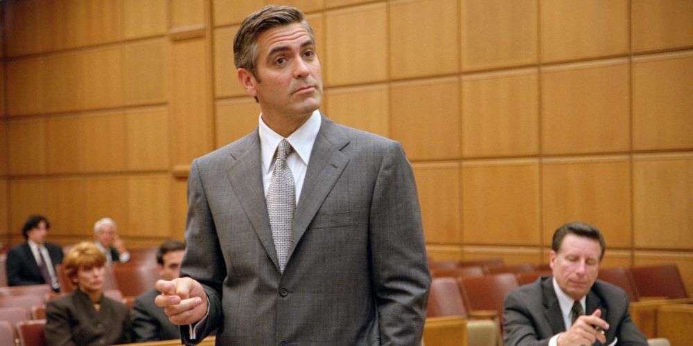 An image of George Clooney standing in court in Intolerable Cruelty