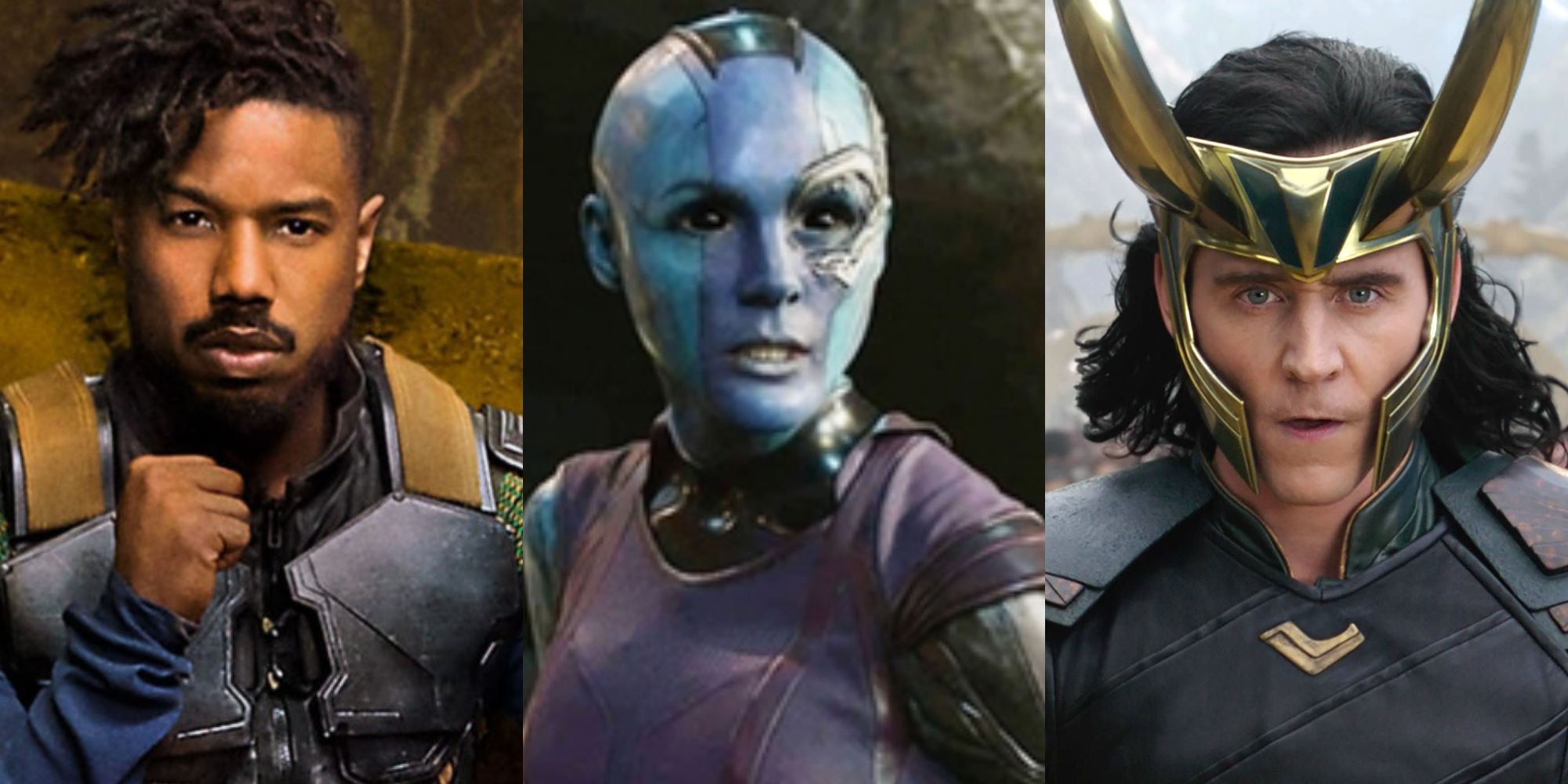 An image of Killmonger, Nebula, and Loki in the MCU
