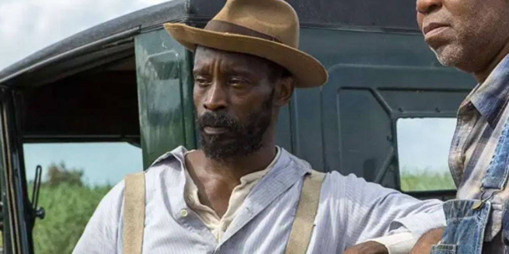 An image of Rob Morgan looking serious in Mudbound