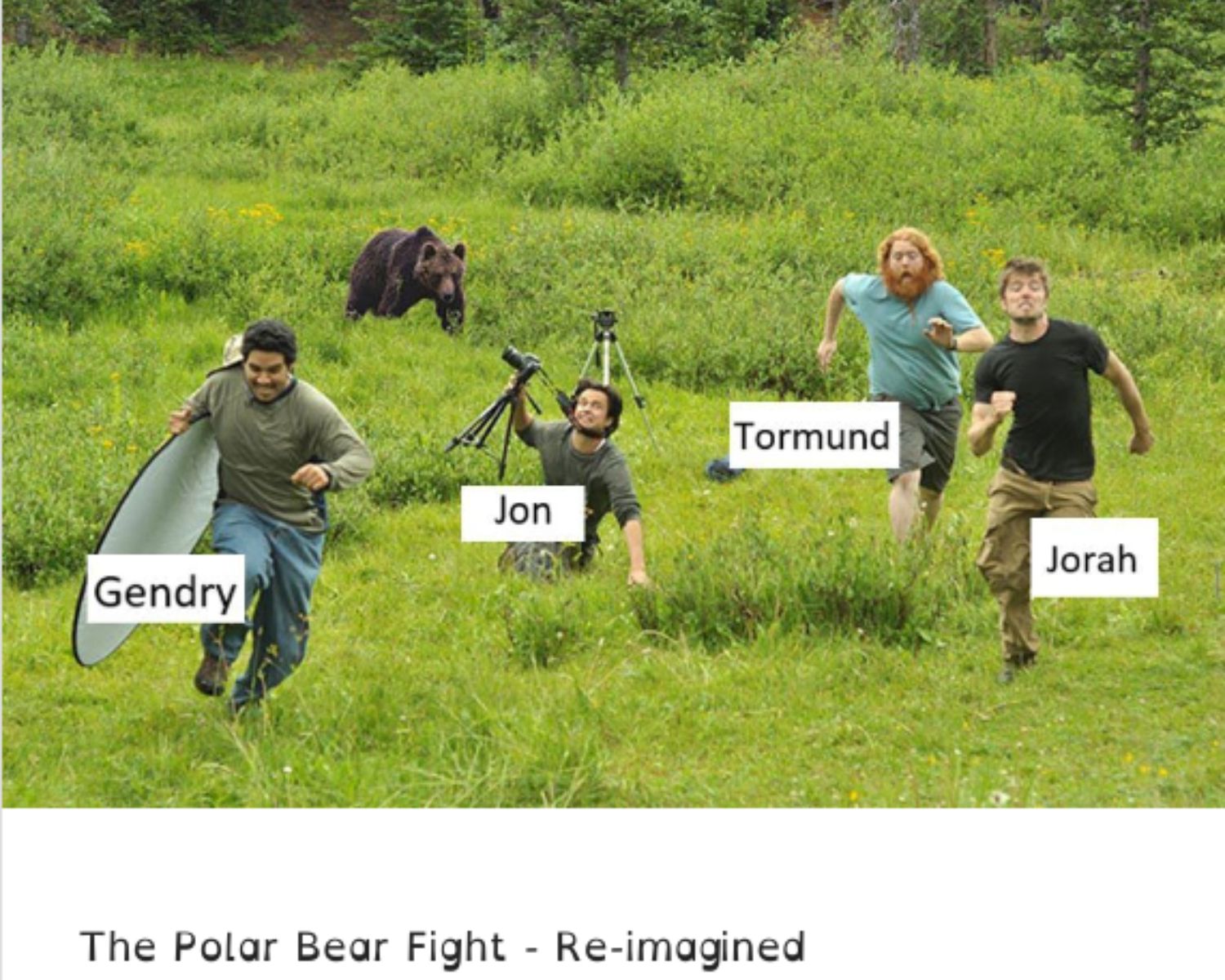 An image of several men running away in a field in a meme template