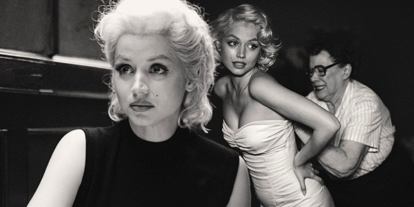 Two images of Ana de Armas as Marilyn Monroe in Blonde side by side