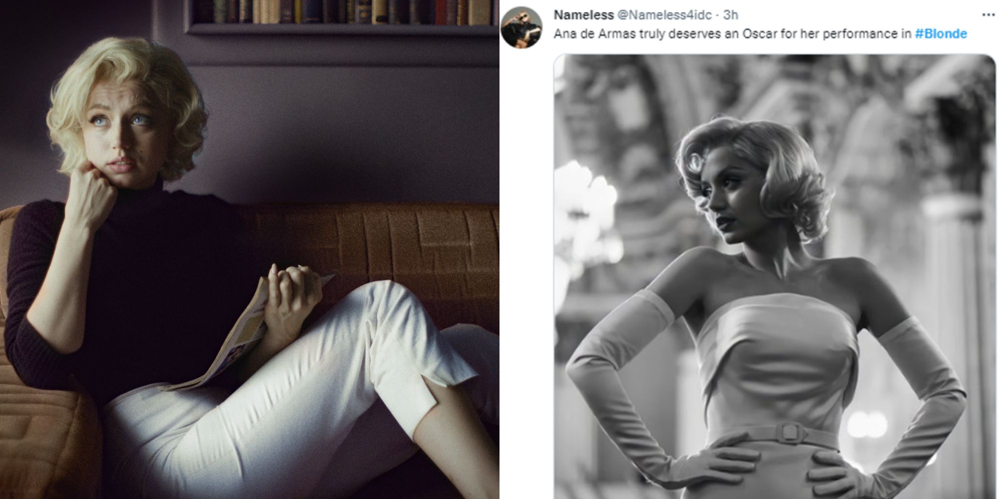 Split image showing Ana de Armas in Blonde and a Tweet about her performance in the film.