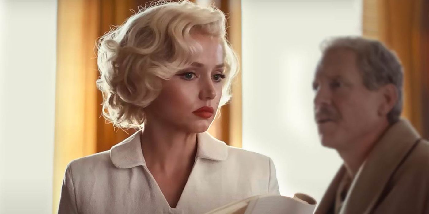 Ana de Armas as Marilyn Monroe with book in hand in Blonde