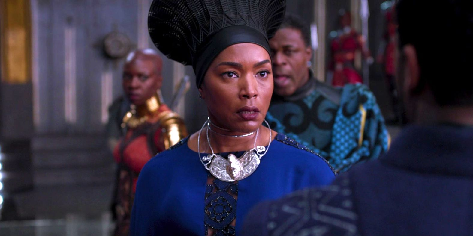 Angela Bassett looks worried as Ramonda in Black Panther
