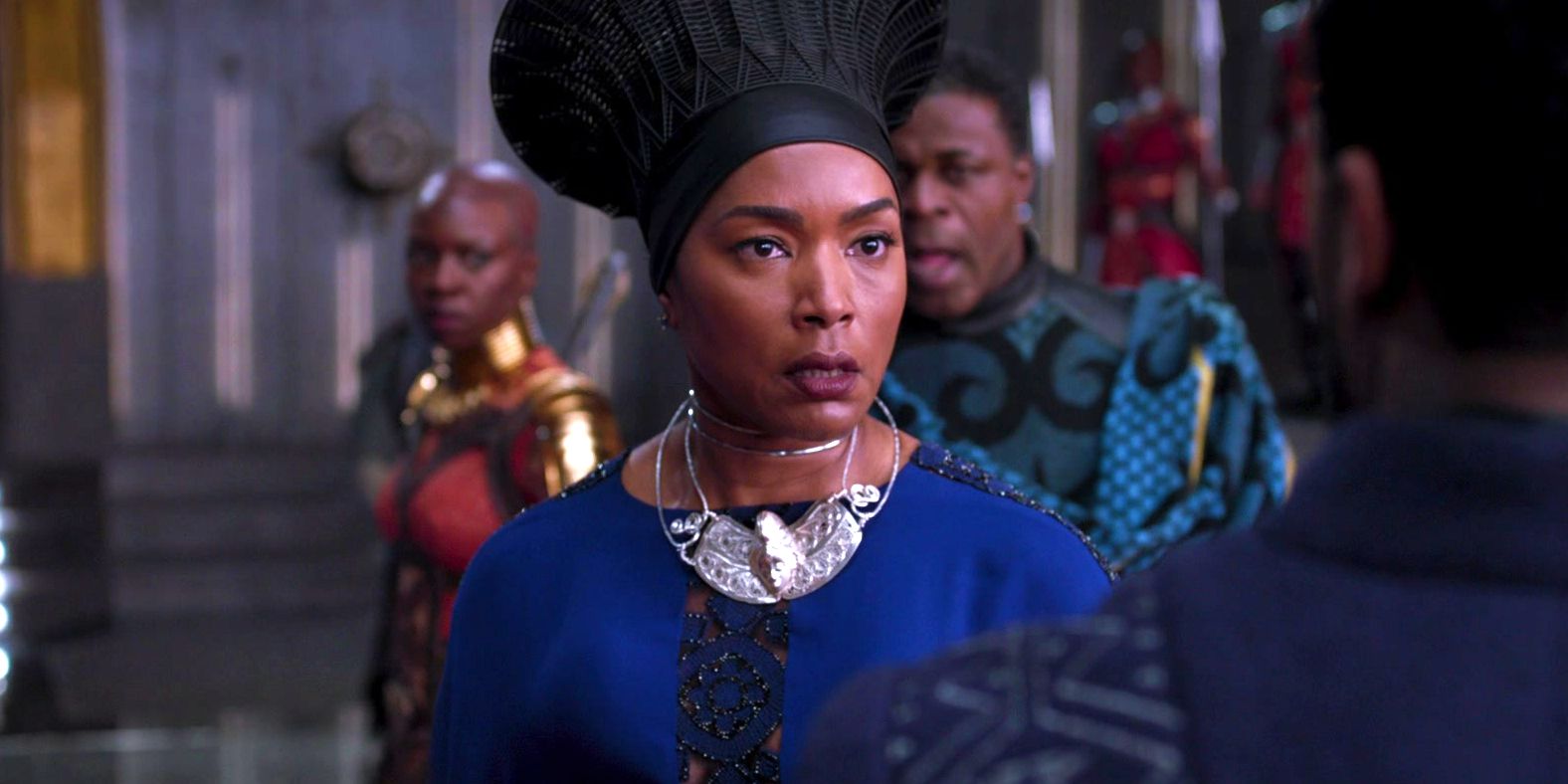 Angela Bassett as Ramonda looking worried in Black Panther