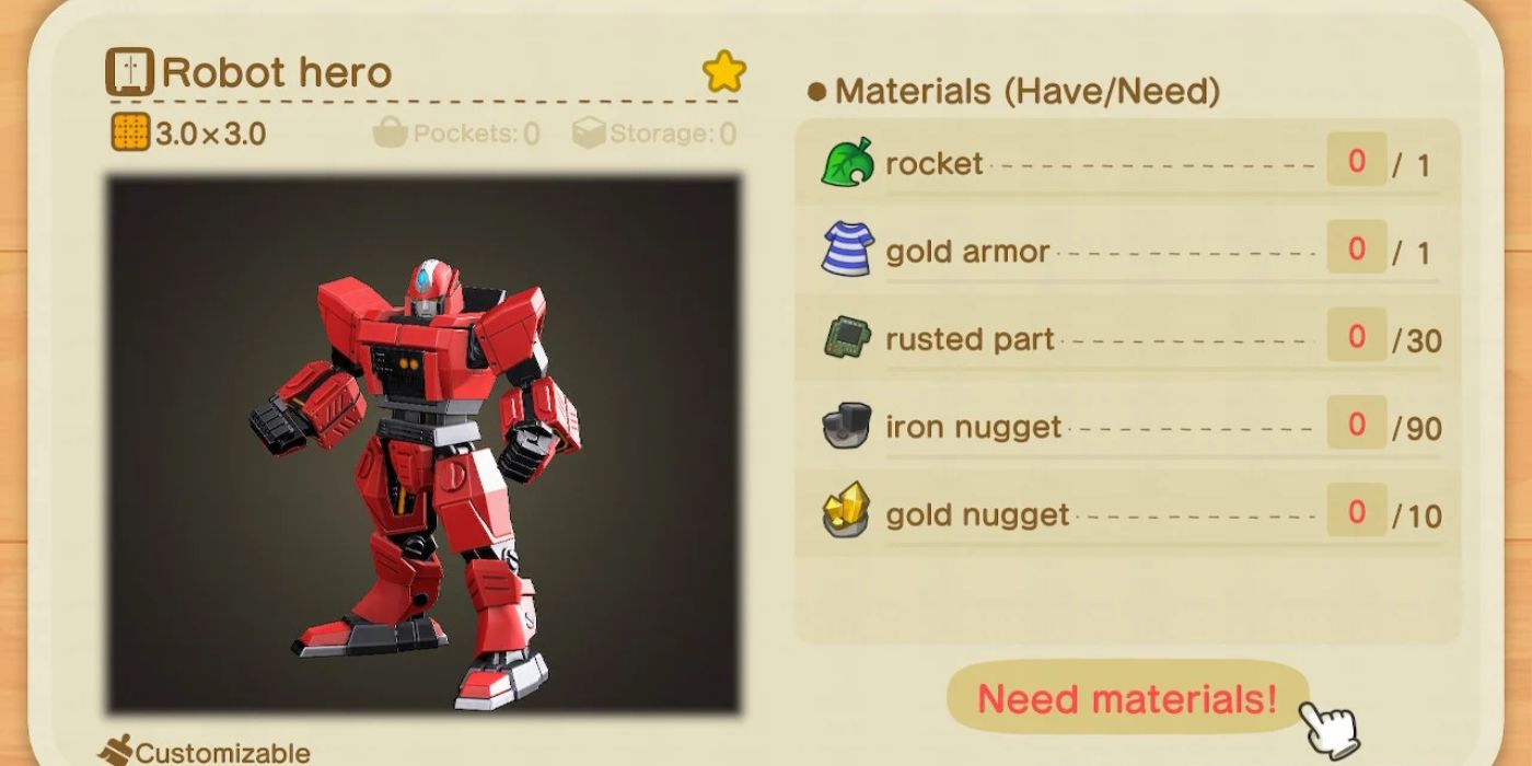 Animal Crossing New Horizons Robot Hero Receta que muestra los materiales necesarios.