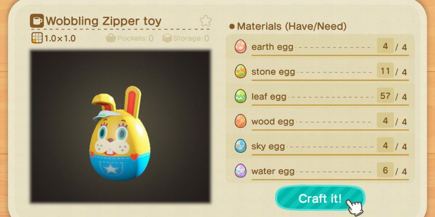 Animal Crossing New Horizons Wobbling Zipper Toy Recipe