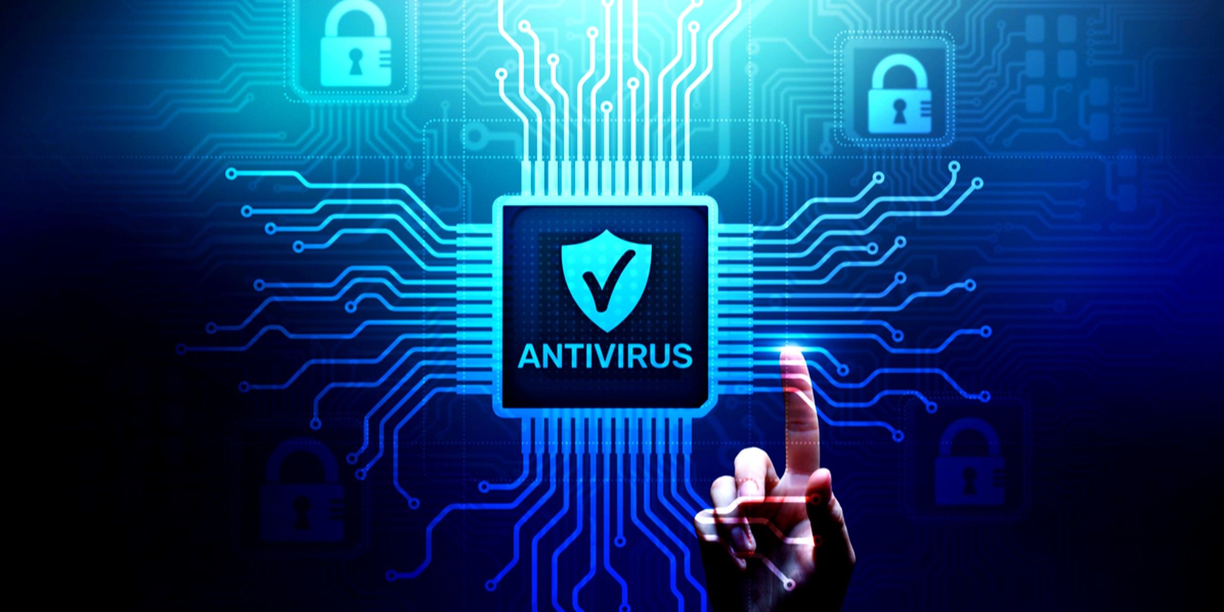 Abstract art, "ANTIVIRUS" text below shield with checkmark, on a microchip with blue circuitry, and a finger touching the circuit