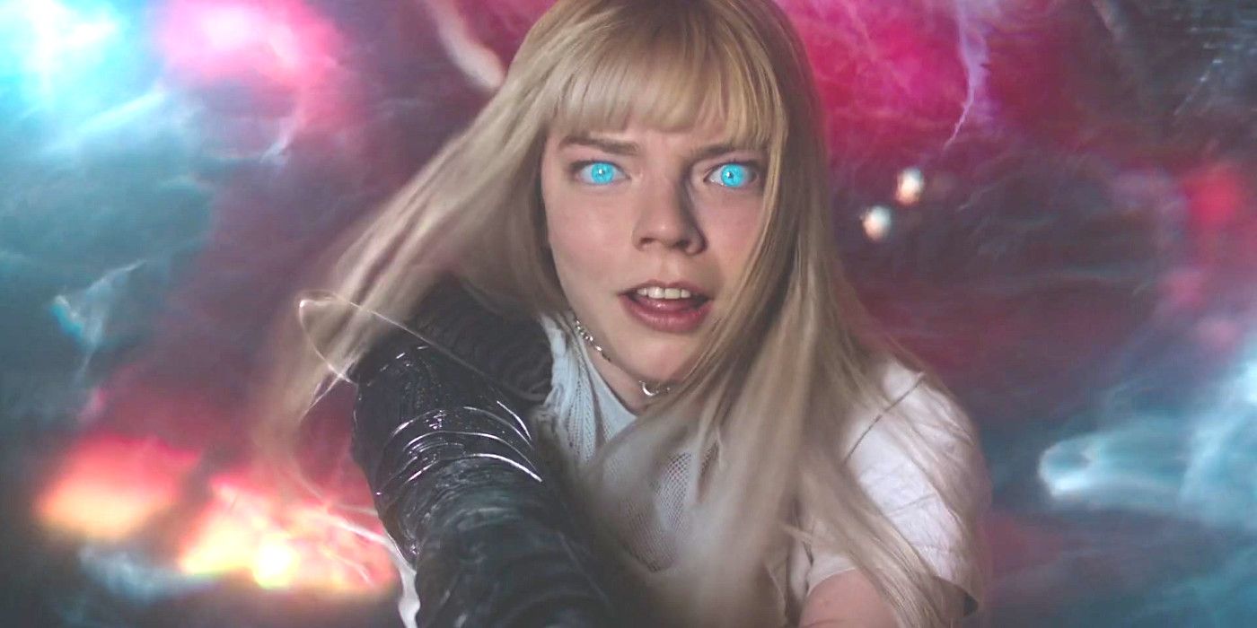 Anya Taylor-Joy como Magik em Os Novos Mutantes cercada por estranhas luzes sobrenaturais com seus olhos brilhando em azul brilhante