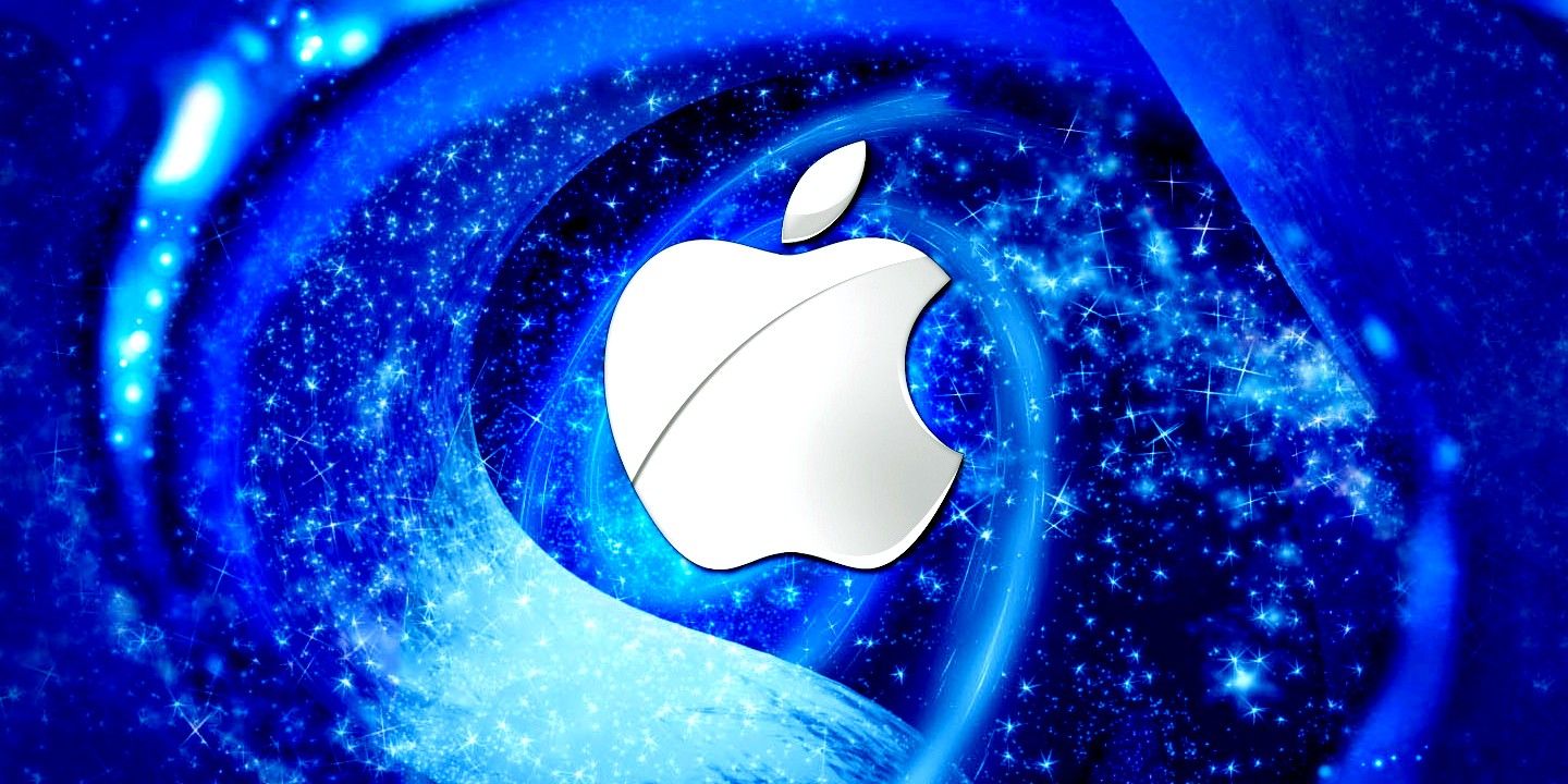 Logotipo da Apple em fundo azul cintilante rodopiante