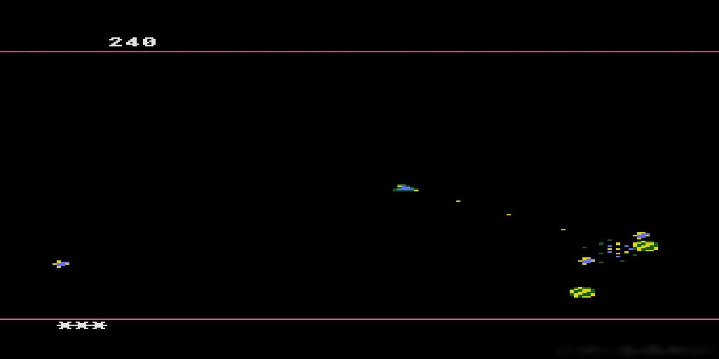 A screenshot of the Atari 5200 video game Meteorites.
