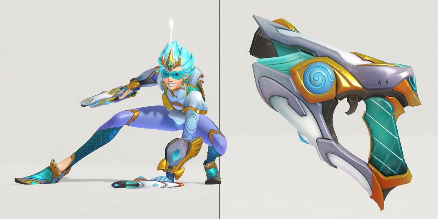 A collage showcasing Tracer ready for action in her Atlantic All-Stars skin on the left, and a close-up of her weapon from the same skin on the right in Overwatch.