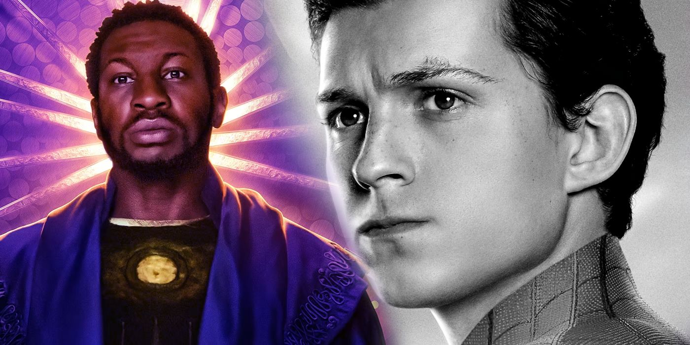 Jonathan Majors as Kang the Conqueror;  black and white photo of Tom Holland as Spider-Man