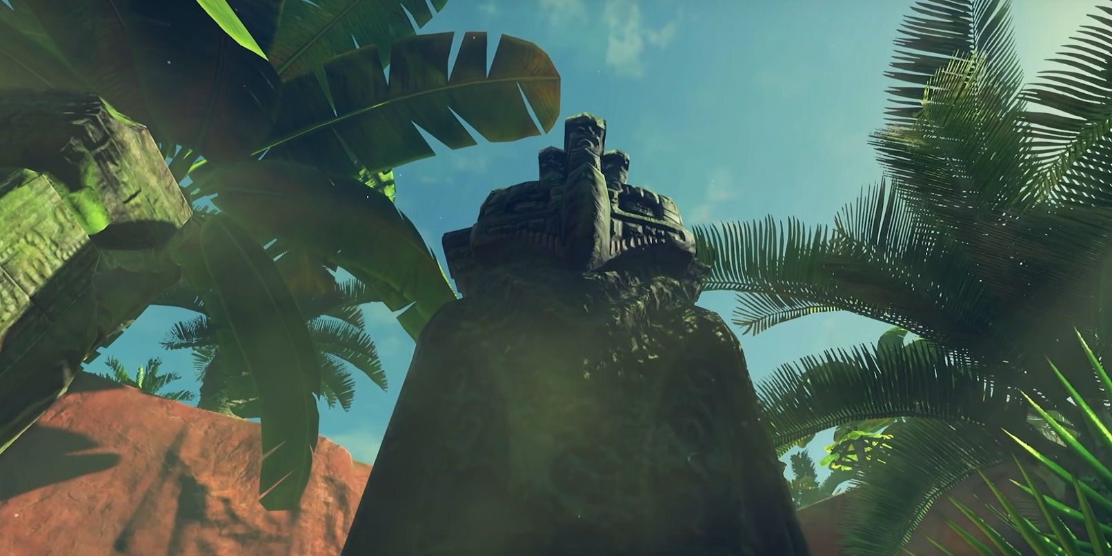 A large statue seen in a jungle in Breath of the Wild, one of many ruins from the ancient Zonai tribe.