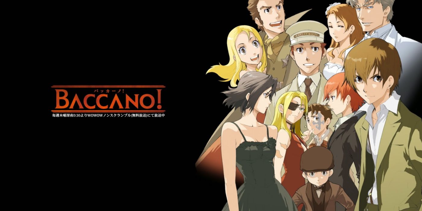 Baccano! anime key art featuring the main cast of characters.