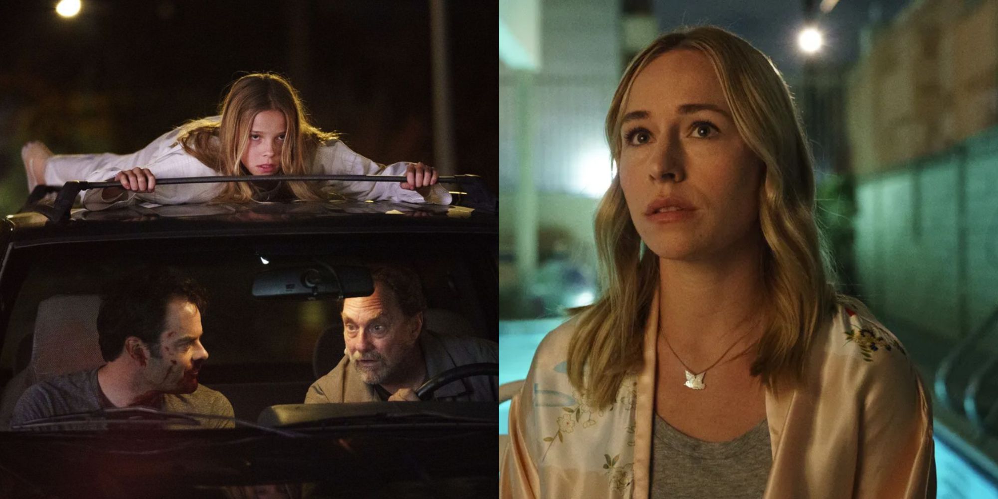 Split image of Lily on Barry and Fuches' car and Sally looking at the camera
