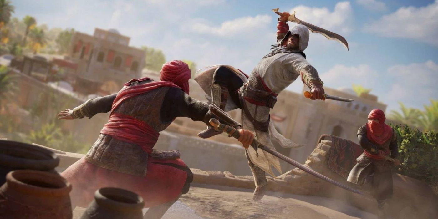 Basim sword-fighting with a pair of guards in Assassin's Creed Mirage.