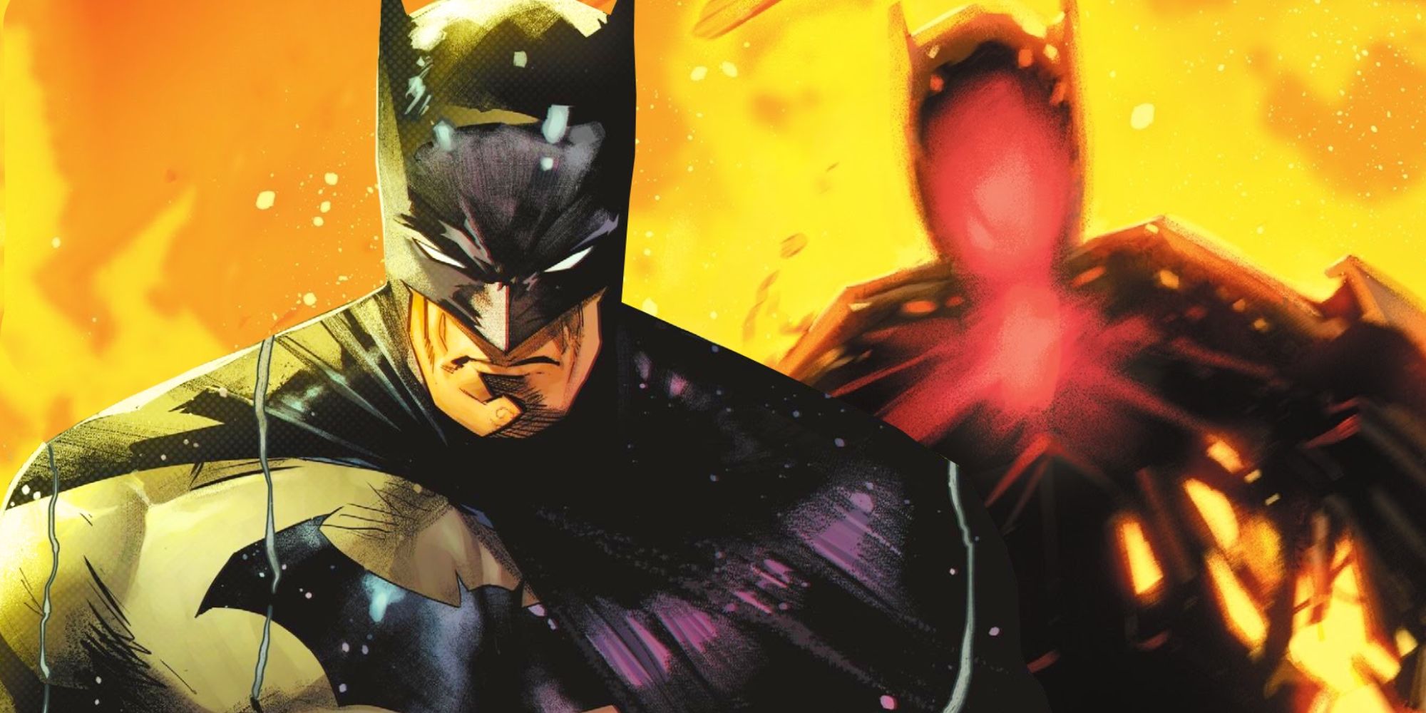 Featured Image: Batman (foreground) looking determined, as ever, with the ambiguous figure of the android Failsafe looming behind him against a firey backdrop