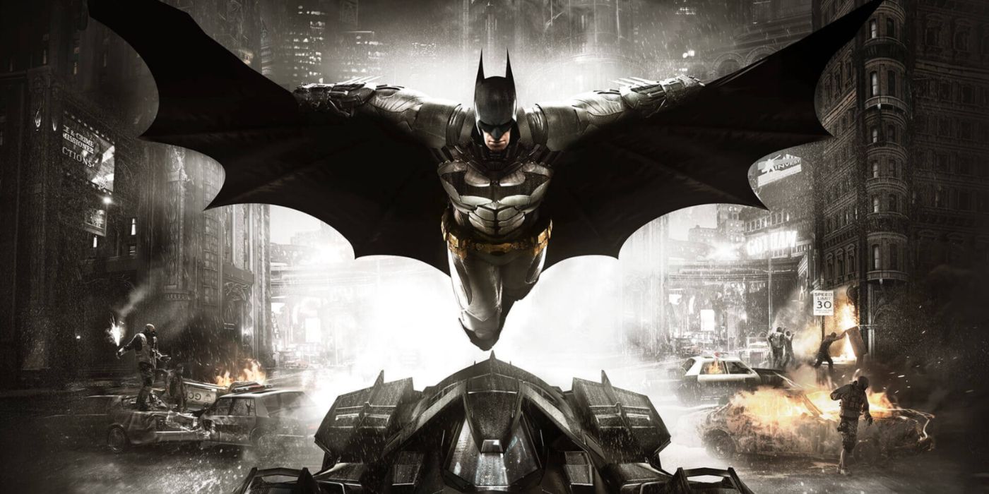 Batman gliding over the Batmobile in Arkham Knight promo art.