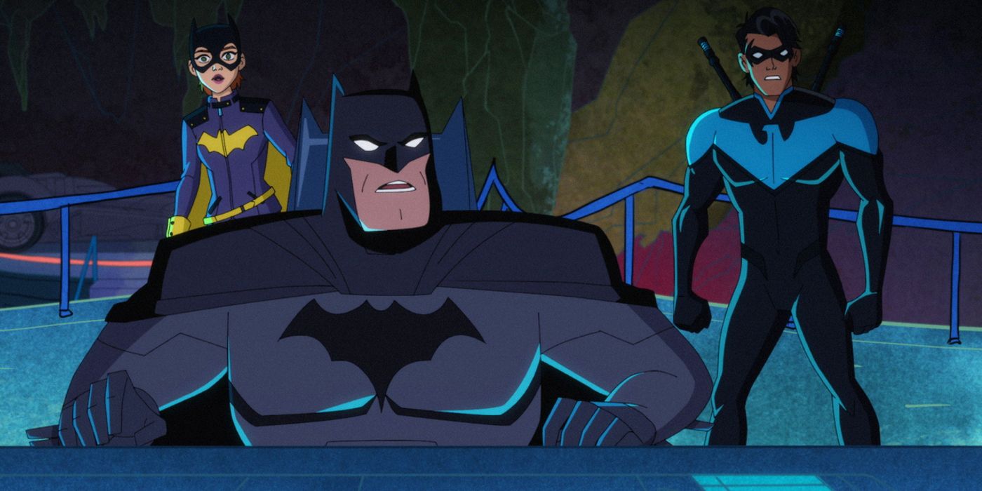 Batman Batgirl and Dick Grayson looking surprised in Harley Quinn season 3