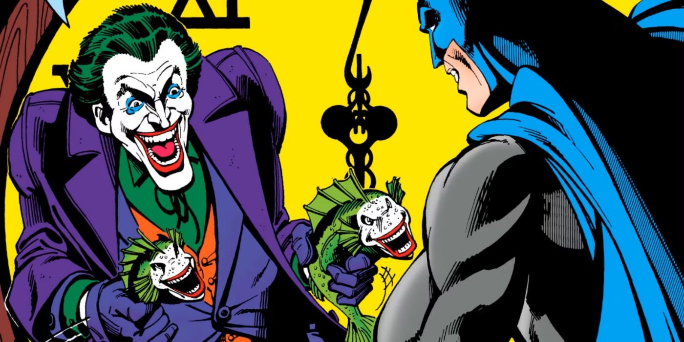Joker aiming two laughing fish at Batman in comic book art.