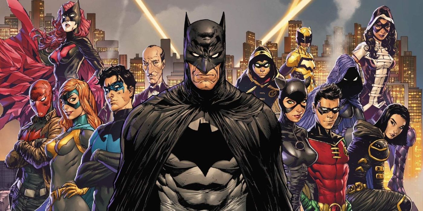 Batman with his supporting Bat family behind him in the comic book art.