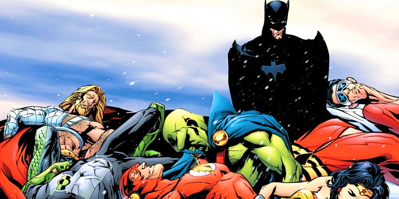 Batman stands over the fallen Justice League in DC Comics.