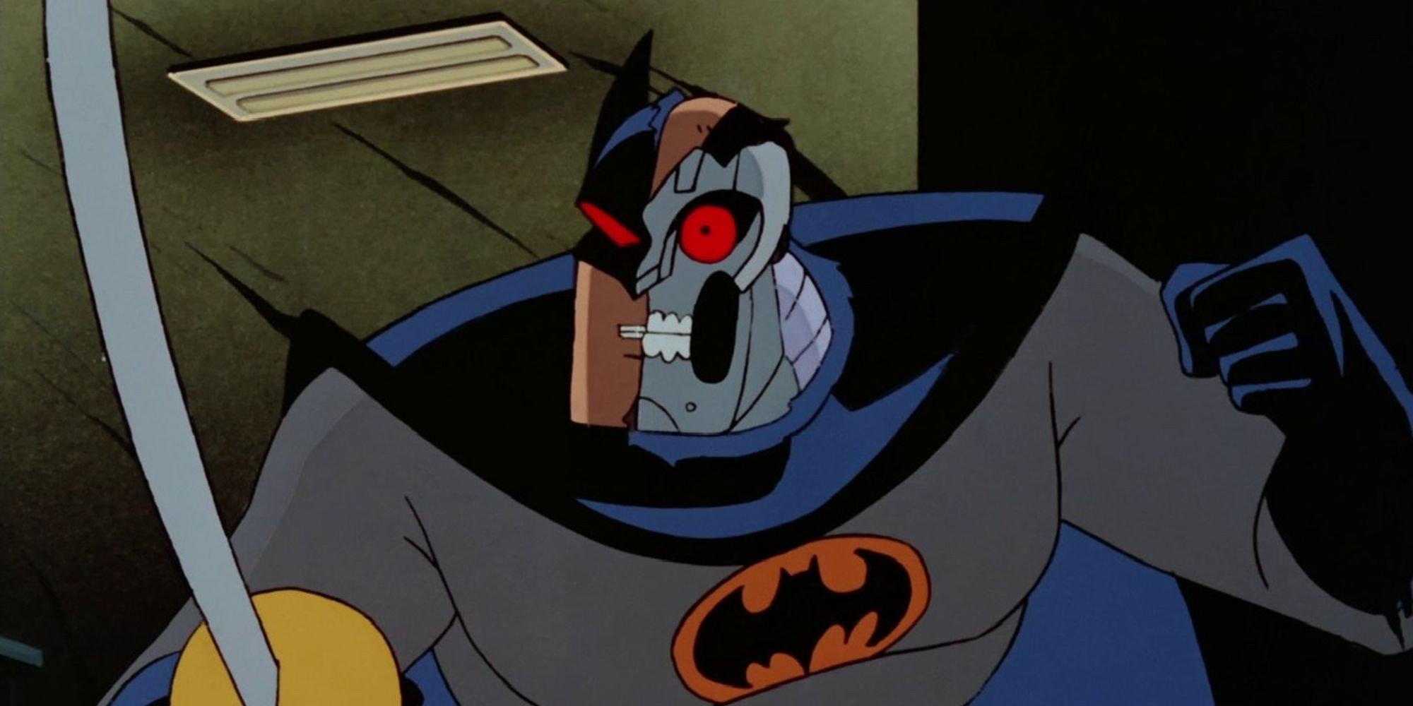 O clone robótico de Batman com metade do rosto exposto empunhando uma espada em Sua Alma de Silício de Batman: A Série Animada