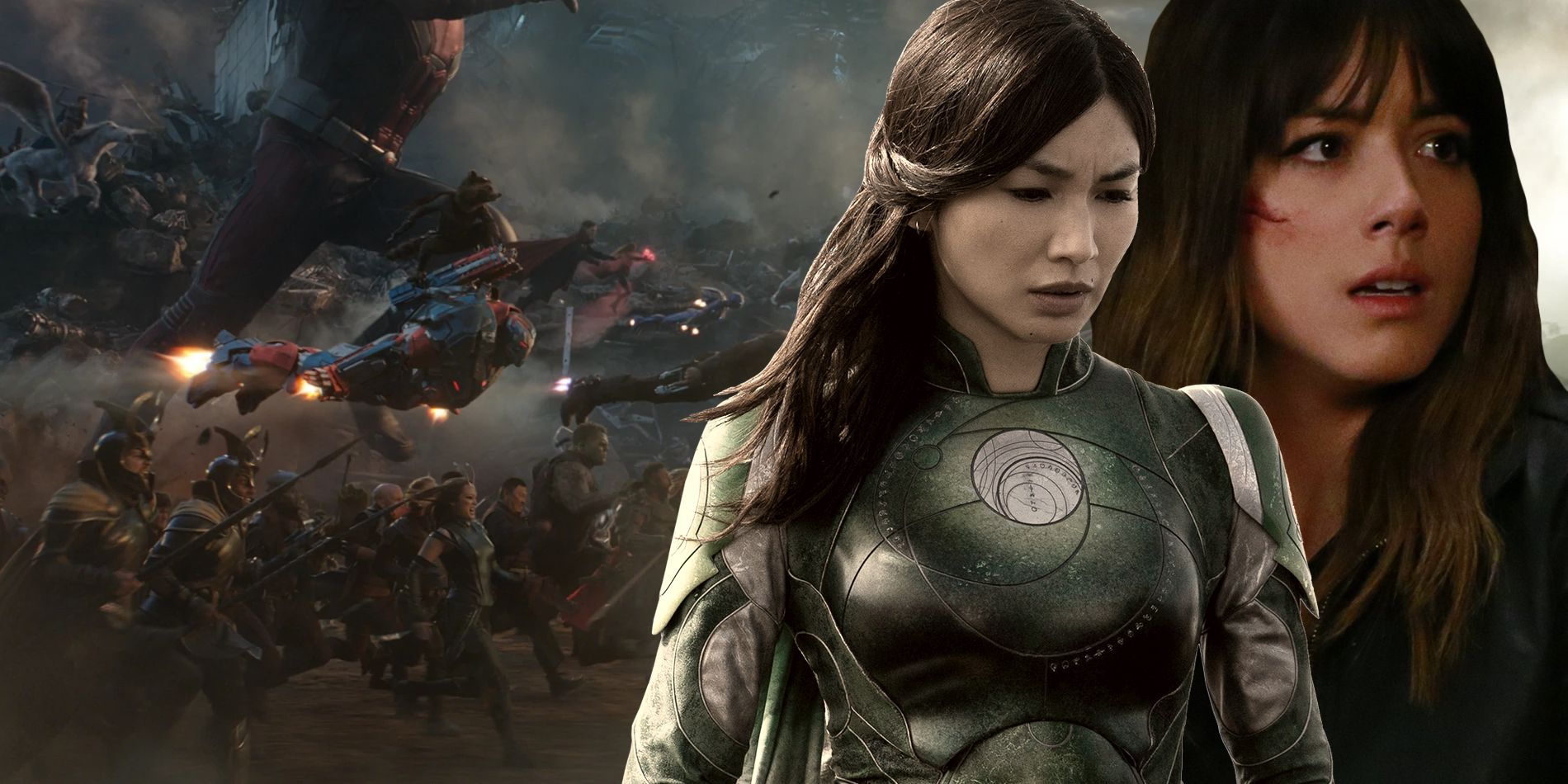 The Avengers running into battle; Gemma Chan as Sersi in Eternals; Chloe Bennett as Daisy Johnson in Agents of SHIELD